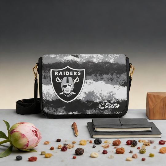 Custom Raiders Name Leather Messenger Bag, Personalized Football Crossbody for Raiders Fans