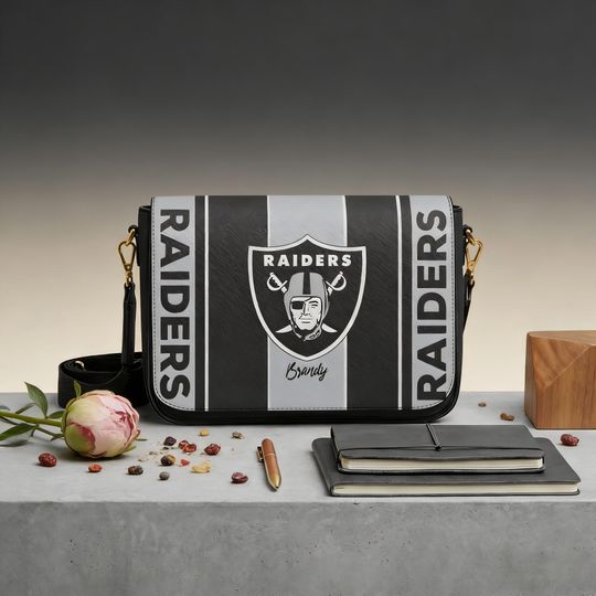 Personalized Raiders Football Messenger Bag - Black and Silver Leather Crossbody for Raiders Fans