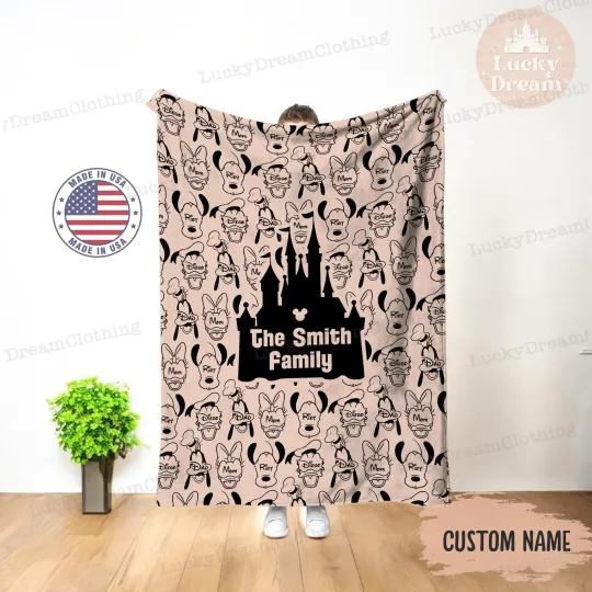 Discover Personalized Disney Blanket, Custom Name Family Fleece Blanket, Disney Castle