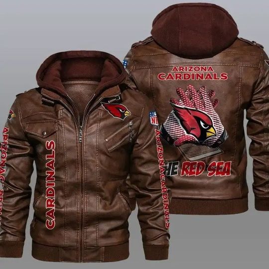 Arizonna Cardinals Hooded Leather Jacket For Men, Football Lover Gift