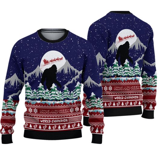 Bigfoot Hide And Seek World Champion Ugly Christmas Sweater, Funny Sasquatch, Mythical Xmas, Holiday Humor, Cryptid Gift