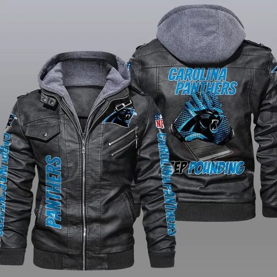 Carolina Panthers Hooded Leather Jacket For Men, Football Lover Gift