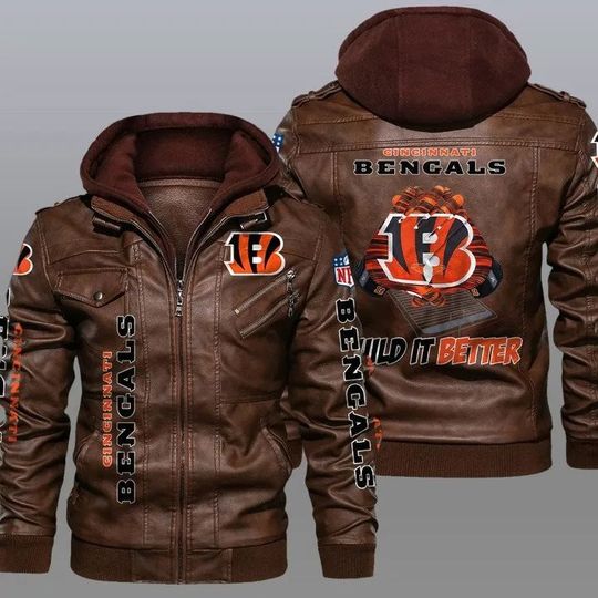 Cincinnati Bengals Hooded Leather Jacket For Men, Football Lover Gift