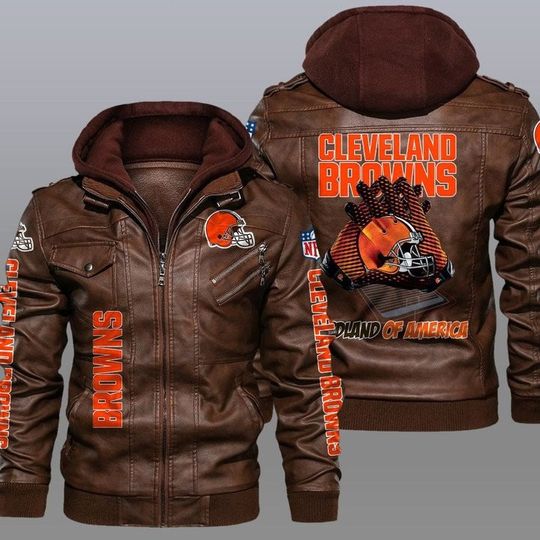 Cleveland Browns Hooded Leather Jacket For Men, Football Lover Gift
