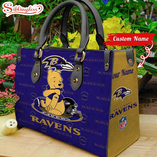 Custom Name football Baltimore Ravens Pooh Bear Leather Handbag For Fans