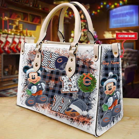 Custom Name football Chicago Bears Mickey Ho Ho Ho Christmas Leather Handbag