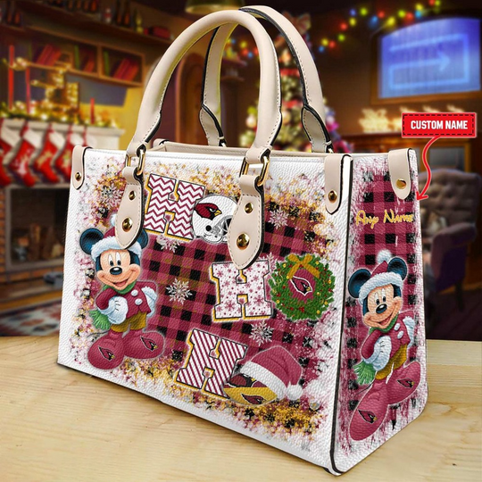 Discover Custom Name football Arizonna Cardinals Mickey Ho Ho Ho Christmas Leather Handbag