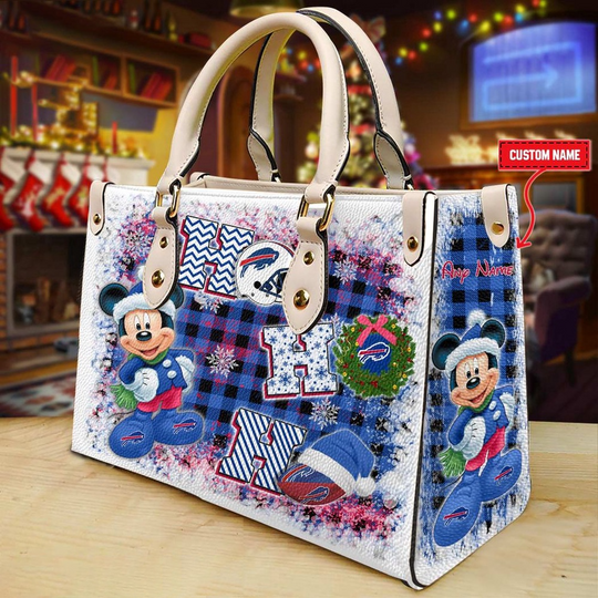Custom Name football Buffalo Bills Mickey Ho Ho Ho Christmas Leather Handbag
