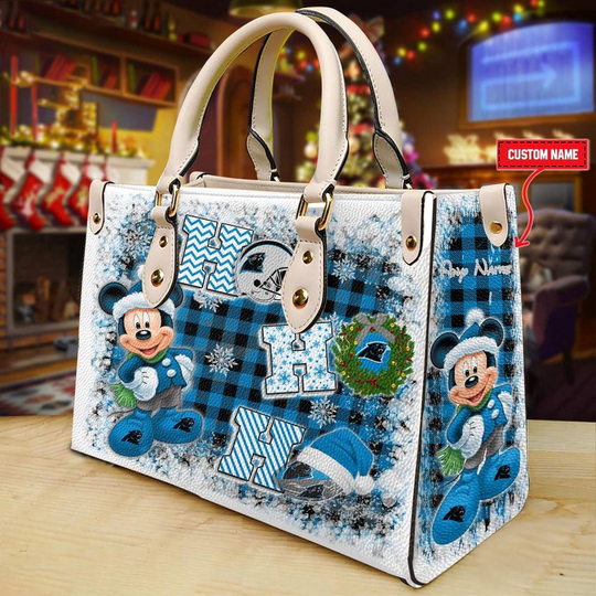 Discover Custom Name football Carolina Panthers Mickey Ho Ho Ho Christmas Leather Handbag