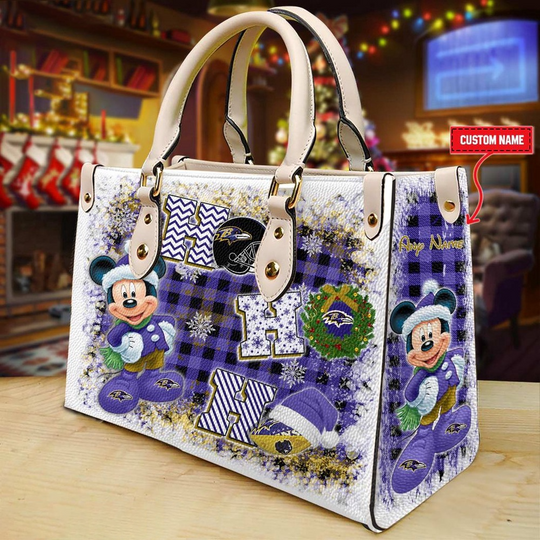 Custom Name football Baltimore Ravens Mickey Ho Ho Ho Christmas Leather Handbag