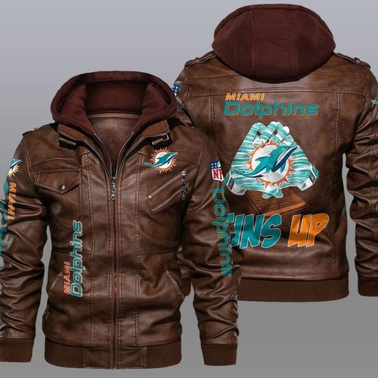 Miami Dolphins Hooded Leather Jacket For Men, Football Lover Gift