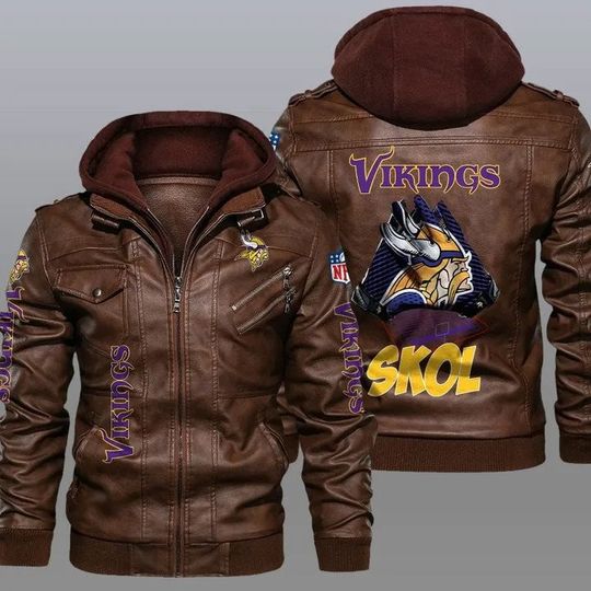 Minnesota Vikings Hooded Leather Jacket For Men, Football Lover Gift