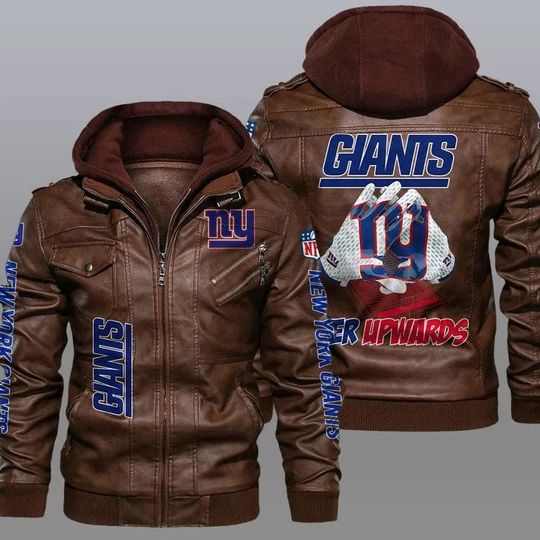 New York Giants Hooded Leather Jacket For Men, Football Lover Gift