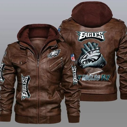 Philadelphia Eagles Hooded Leather Jacket For Men, Football Lover Gift