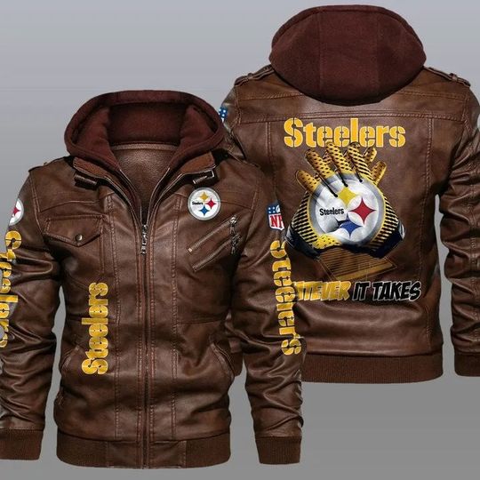 Pittsburgh Steeler Hooded Leather Jacket For Men, Football Lover Gift