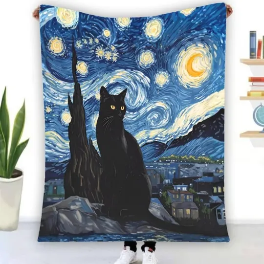 Discover Starry Night Cat Flannel Blanket – Black Cat Lover Gift