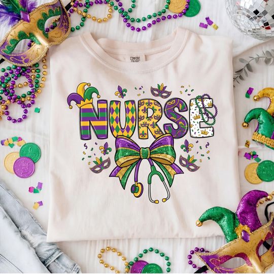 Discover Comfort ColorsMardi Gras Nurse Shirt, Louisiana Coquette Nurse Sweatshirt, Nursing Mardi Gras Gift, Carnival Tshirt, New Orleans Nurse Tee
