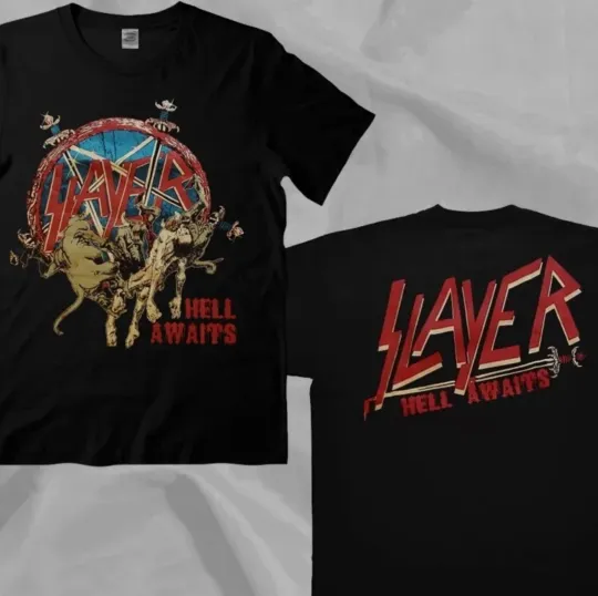 Discover Slayer Hell Awaits Tour Black Vintage Double Sided T-Shirt For Fans