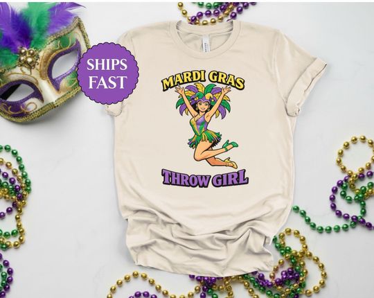 Discover Mardi Gras Throw Girl T Shirt, Mardi Gras Dancing Girl Tee, Carnival Parade Shirt, New Orleans Mardi Gras Shirt, Purple Green Festival Tee