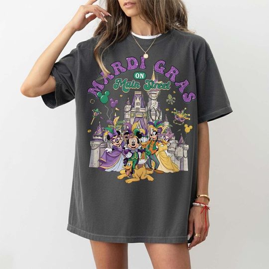 Discover Retro Mickey and Friends Mardi Gras On Main Street Shirt, Disney Mardi Gras Carnival Tee, New Orleans Fleur De Lis, WDW Disneyland Trip 2026