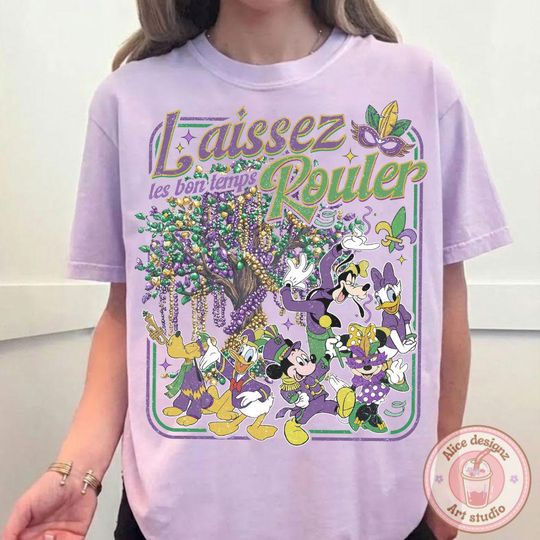 Discover Vintage Mickey & Friends Disney Mardi Gras Shirt, WDW Disneyland Family Mardi Gras Carnival 2026 New Orleans Fleur De Lis