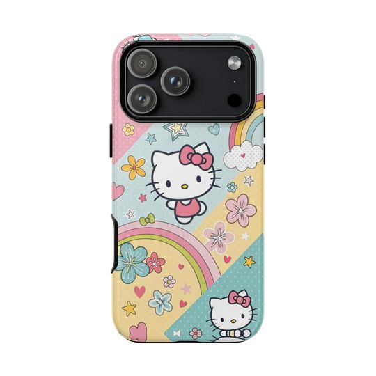 Hello Kitty Pastel Rainbow iPhone Case, Sanrio Kawaii Star Flower Pattern
