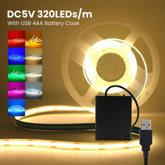 Discover 3mm 5mm 8mm PCB COB Led Strip Light  with Switch USB Battery Power 5V DC White Red Yellow 320LEDs/m Flexible Adhesive Tape Lamp