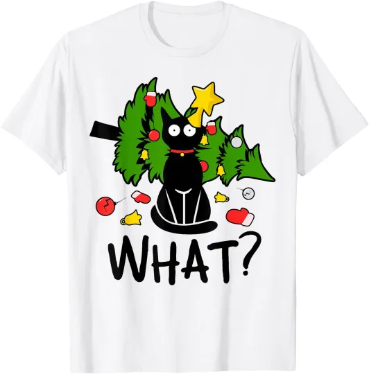 Discover Funny Black Cat Christmas Tree Merry Xmas Humor Cat What? T-Shirt