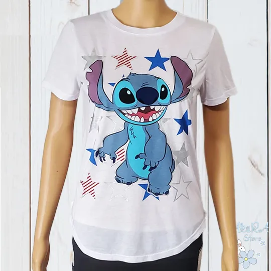 Discover Stitch Disney Juniors Women's White Short Sleeve Crew Neck T-Shirt