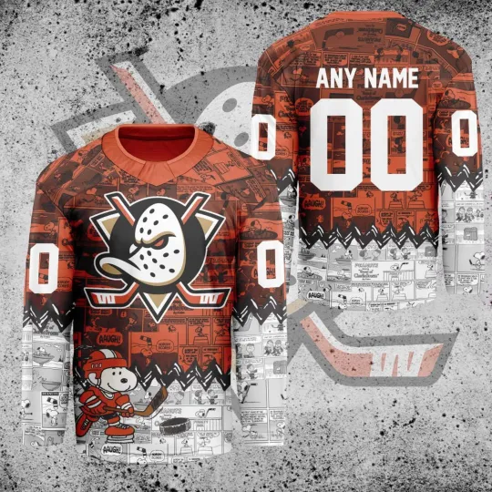 Discover Personalized Anaheim Ducks Peanuts 75th Anniversary Men's Hockey Jersey