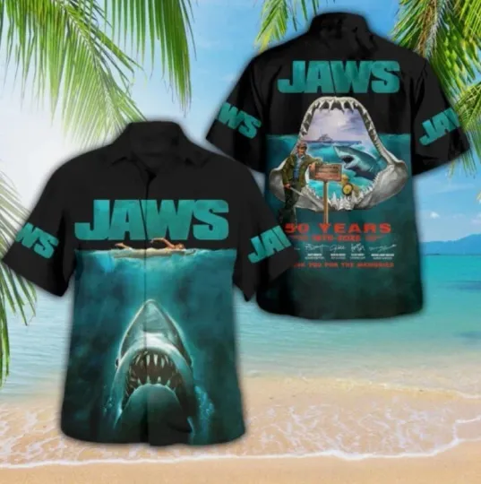Discover Jaws 50 Years 1975-2025 Thank You For Memories 3D Hawaiian Shirt