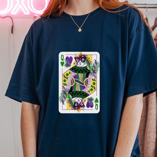 Discover Queen of Hearts Mardi Gras Shirt, Carnival Queen of Spades Tee, Purple Gold Green Playing Card Top, New Orleans Party Gift, Aesthetic Shirt