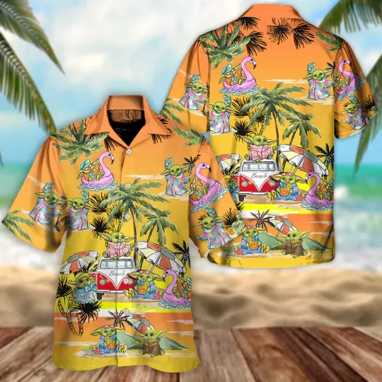 Discover Disney Star Wars Cartoon Baby Yoda Orange Hawaiian Shirt Summer Aloha