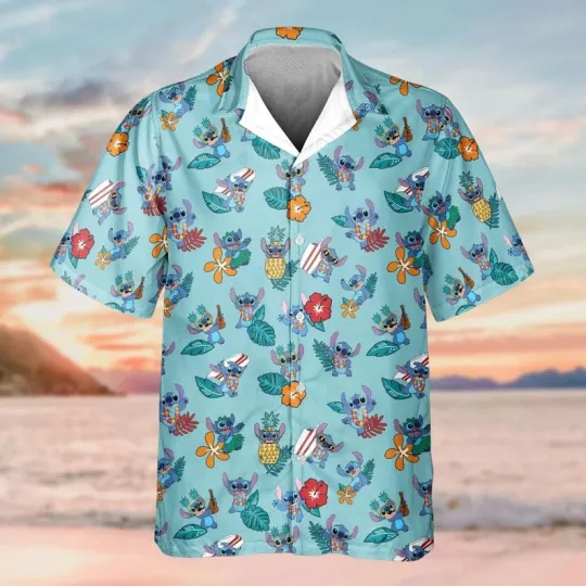 Discover Disney Lilo And Stitch Cute Stitch Tropical Summer Vaction Teal Hawaiian Shirt