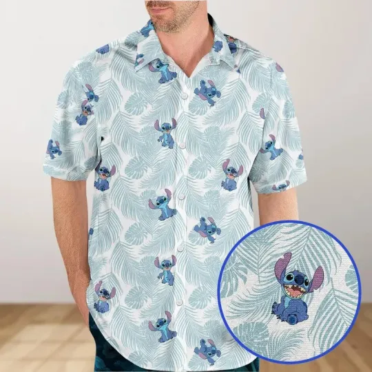 Discover Disney Lilo And Stitch Tropical Leaves Retro Green White Hawaiian Shirt