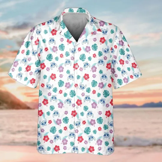 Discover Disney Lilo And Stitch Stitch Heads Tropical Leaves White Hawaiian Shirt
