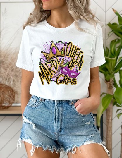 Discover Queen of Mardi gras Women's shirt, Women's gold effect Mardi Gras shirt, Mardi Gras parade shirt, Mardi gras shirt, Mardi gras queen