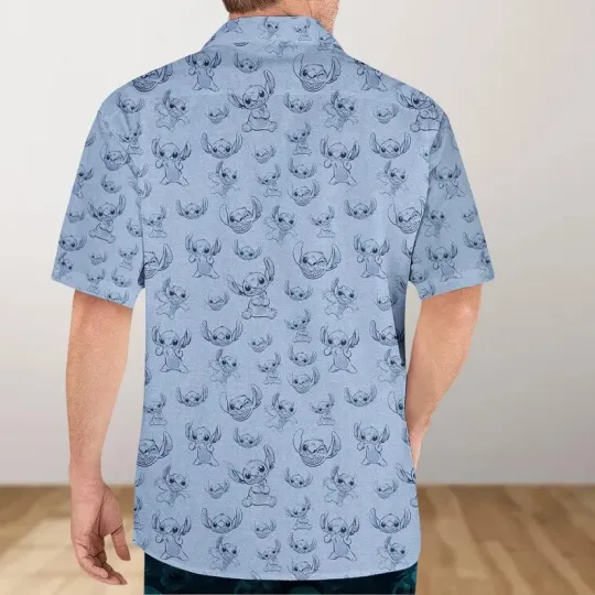Disney Lilo And Stitch Cute Stitch Smiling Blue Hawaiian Shirt
