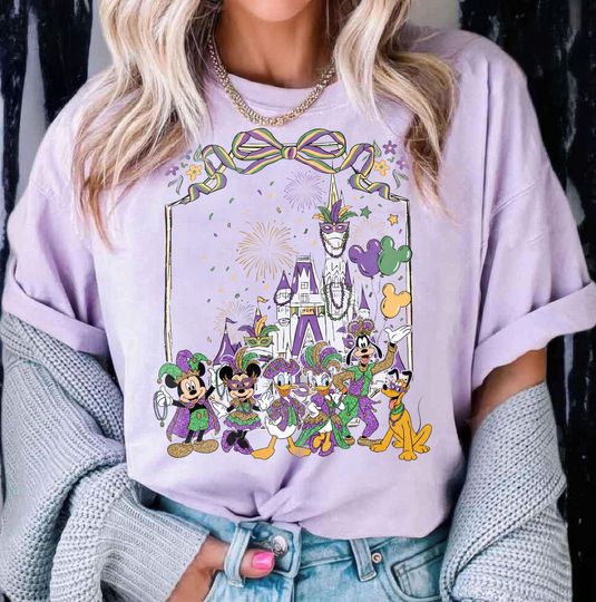 Discover Comfort Colors Coquette Mickey and Friends Mardi Gras 2026 Shirt, Magic Kingdom Magical New Orleans Fat Tuesday Tee, Disney Mardi Gras Shirt