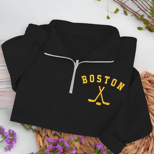 Discover Boston Hockey Embroidered Quarter Zip Sweatshirt, Cozy Cotton Blend Pullover