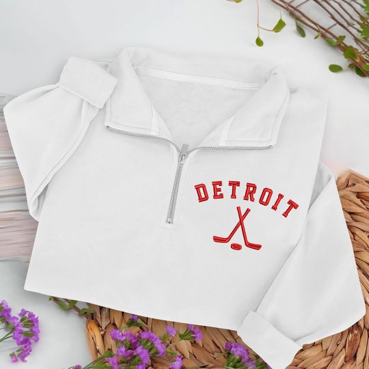 Discover Detroit Hockey Embroidered Quarter Zip Sweatshirt, Cozy Cotton Blend Pullover