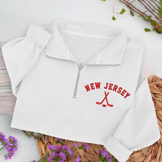 Discover New Jersey Hockey Embroidered Quarter Zip Sweatshirt, Cozy Cotton Blend Pullover