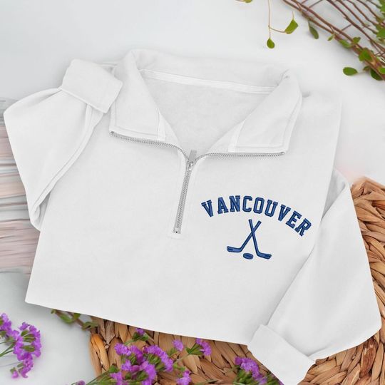 Vancouver Hockey Embroidered Quarter Zip Sweatshirt, Cozy Cotton Blend Pullover