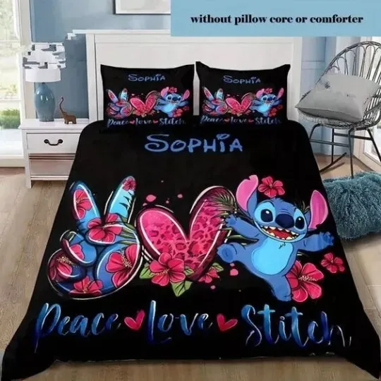 Discover Personalized Peace Love Stitch & Lilo Xmas Bedding Set with Tropical Flowers