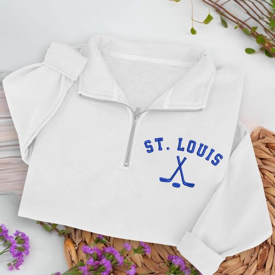 Discover St. Louis Hockey Embroidered Quarter Zip Sweatshirt, Cozy Cotton Blend Pullover