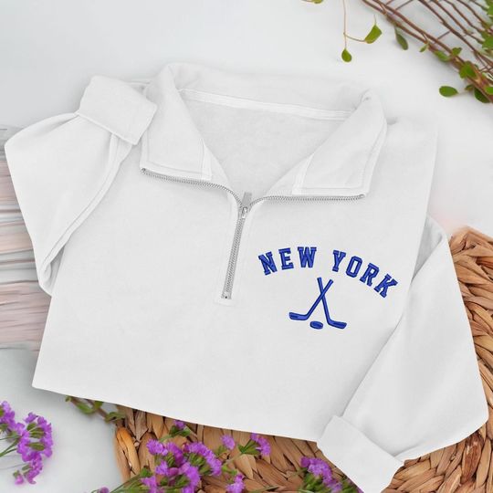 Discover New York Hockey Embroidered Quarter Zip Sweatshirt, Cozy Cotton Blend Pullover