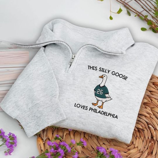 Embroidered Silly Goose Philadelphia Football Quarter-Zip Sweatshirt, Barkley Backwards Hurdle