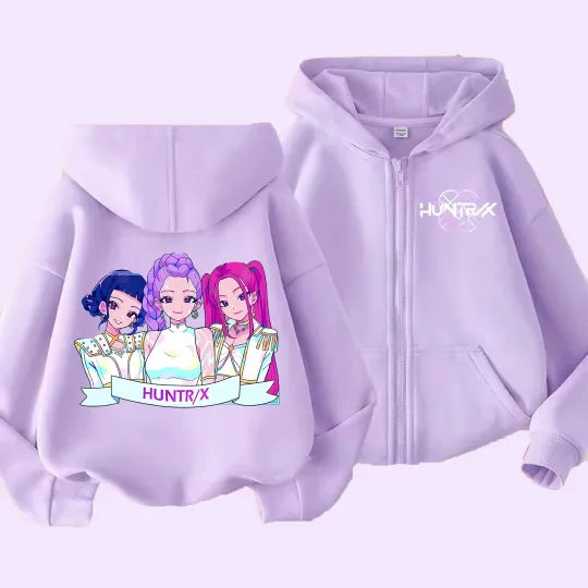 KPop Demon Hunters Zip Hoodie Girls Cartoon Autumn Purple Kids Sweatshirt