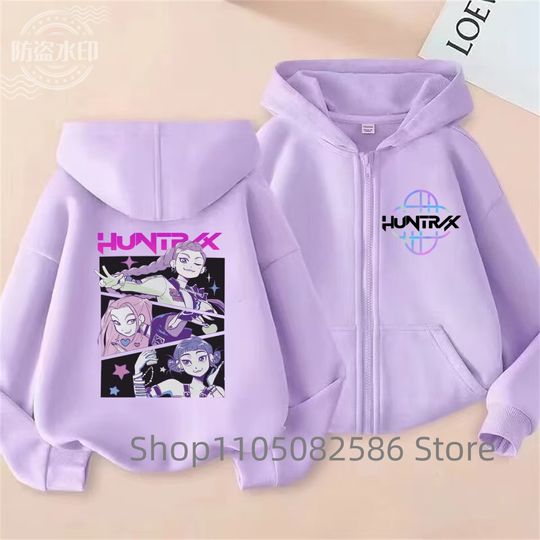 Huntrix Kpop Demon Hunters Kids Zip Up Hoodie Boys Girls Casual Cartoon Zipper Sweatshirt
