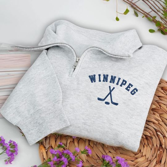 Winnipeg Hockey Embroidered Quarter Zip Sweatshirt, Cozy Cotton Blend Pullover